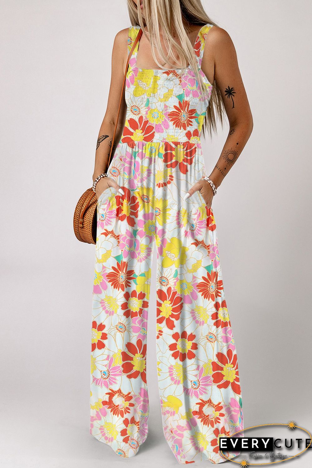 Multicolor Floral Print Shirred Sleeveless Wide Leg Jumpsuit