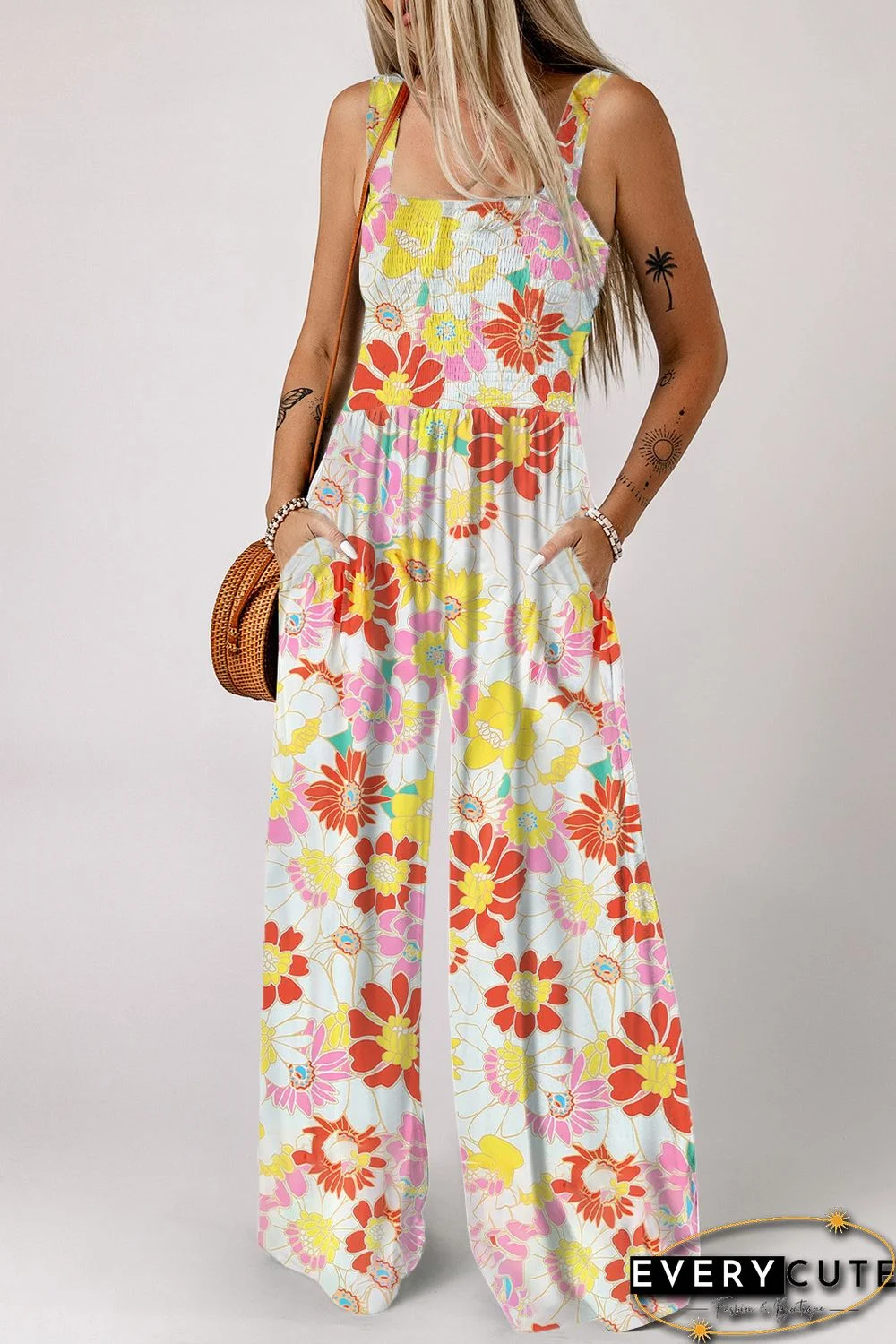 Multicolor Floral Print Shirred Sleeveless Wide Leg Jumpsuit
