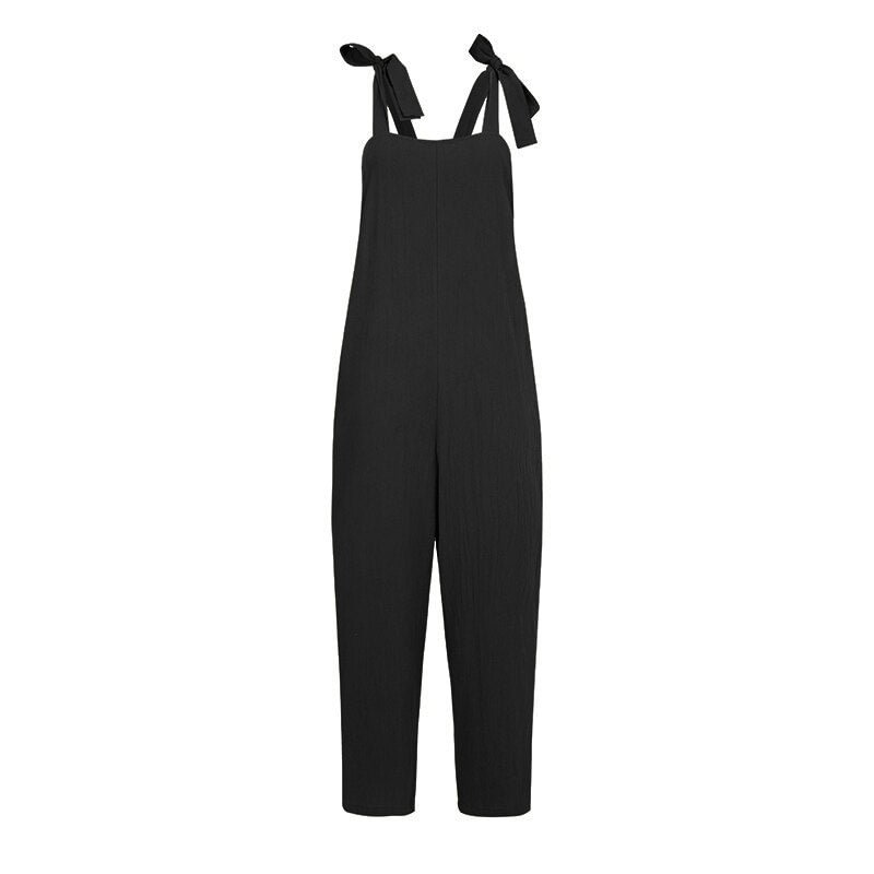 Fashion Solid Pockets Overalls Cotton Soft Sleeveless Casual Jumpsuits ZANZEA Women Bib Cargo Pants Lace Up Rompers