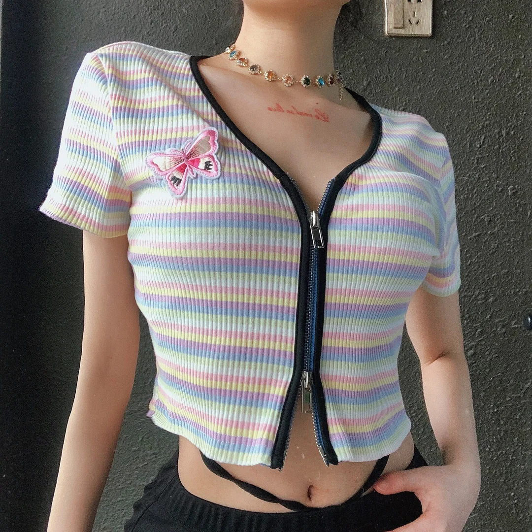 Rainbow Striped Butterfly Embroidery Zipper T-Shirt BE1296