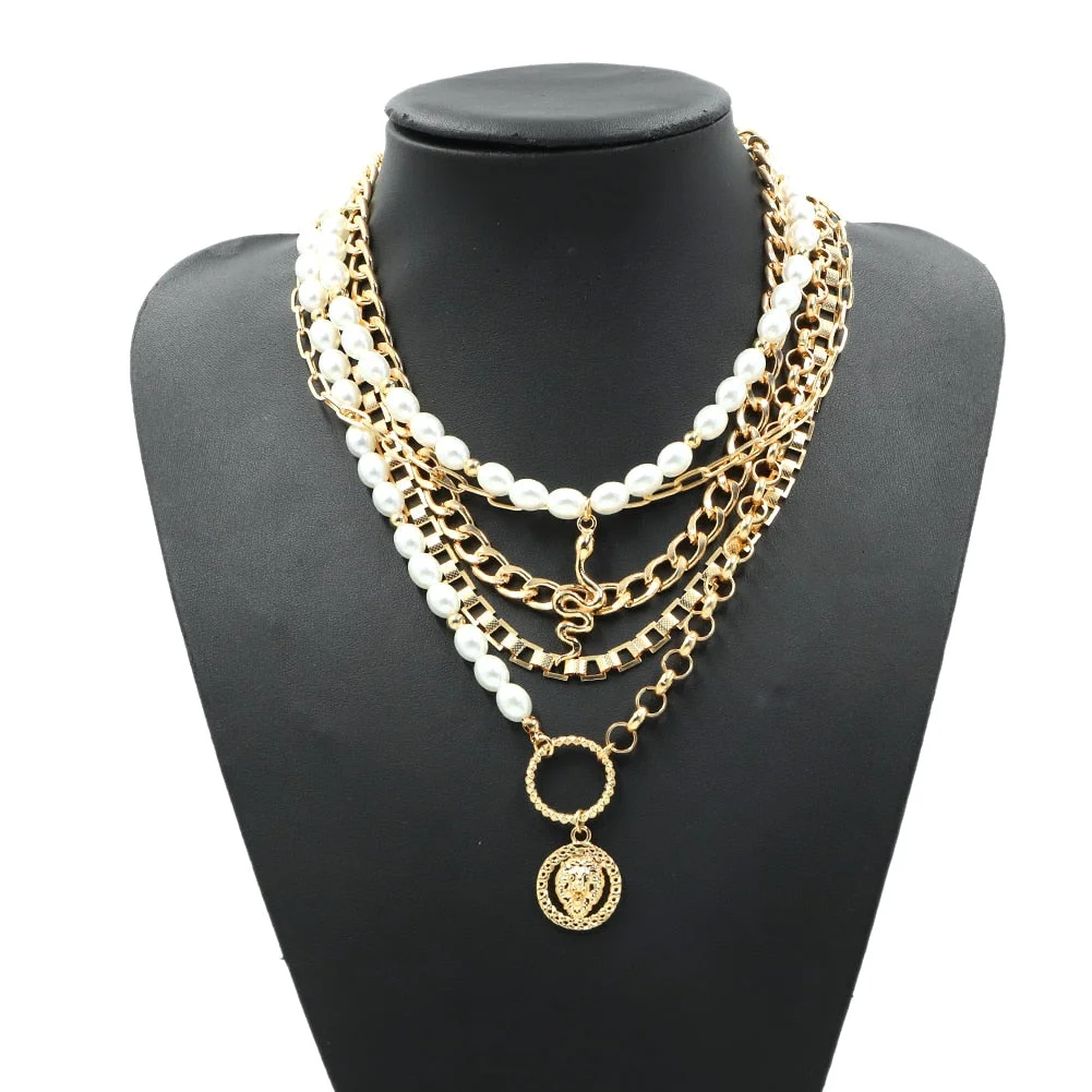 Dvacaman Retro Simple Pearl Letter Pendant Initial Necklace for Women Boho Statement Multi Layered Chunky Chain Necklace Jewelry