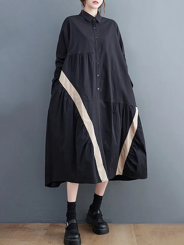 Artistic Retro Loose Long Sleeves Buttoned Contrast Color Striped Split-Joint Lapel Collar Midi Dresses