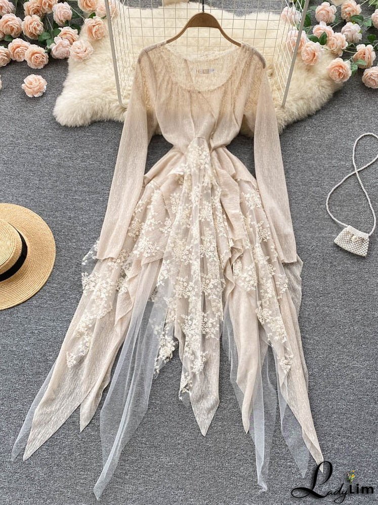 Women Party Warm-Season Waist Closing Up Autumn Temperament Lace Gown Tide New O-neck Elegant Vestidos Irregular 2024