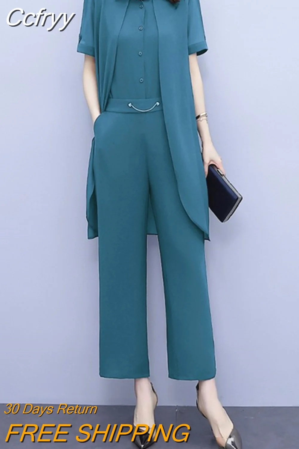 huibahe Summer Chiffon Women Pant Sets Short Sleeve Long Shirt & Wide Leg Pants Solid Loose Workwear Fashion 2 Piece Pant Sets