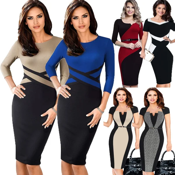 New Ladies Vintage Elegant Contrast Color Patchwork Wear To Work Vestidos Business Party Office Women Bodycon Dress