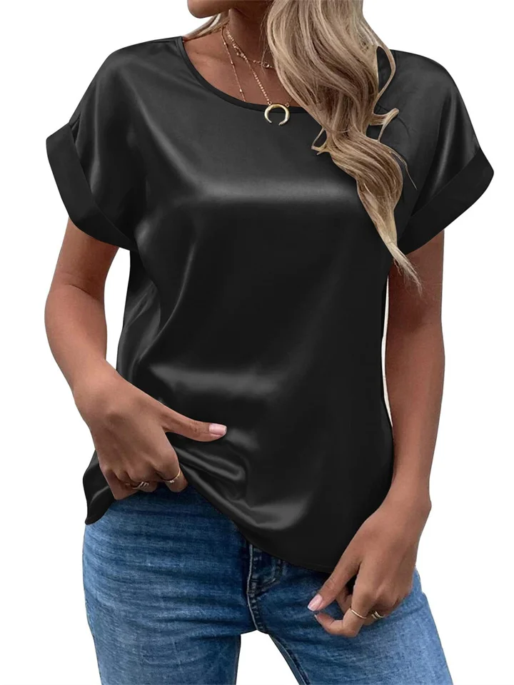 Spring and Summer New Women's Short-sleeved Satin Shirt Loose Casual Round Neck Solid Color T-shirt Female S M L XL 2XL
