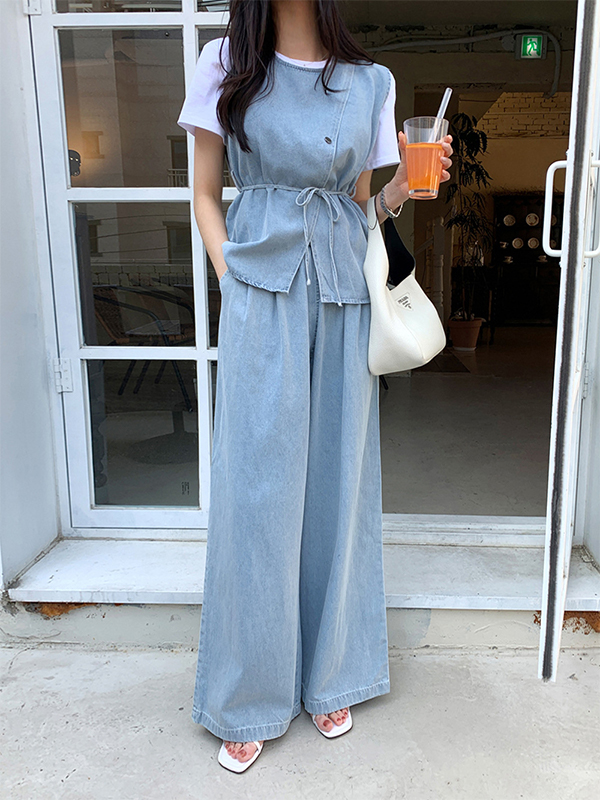 Sleeveless Denim Vest And Wide Leg Jeans Two-Piece Set