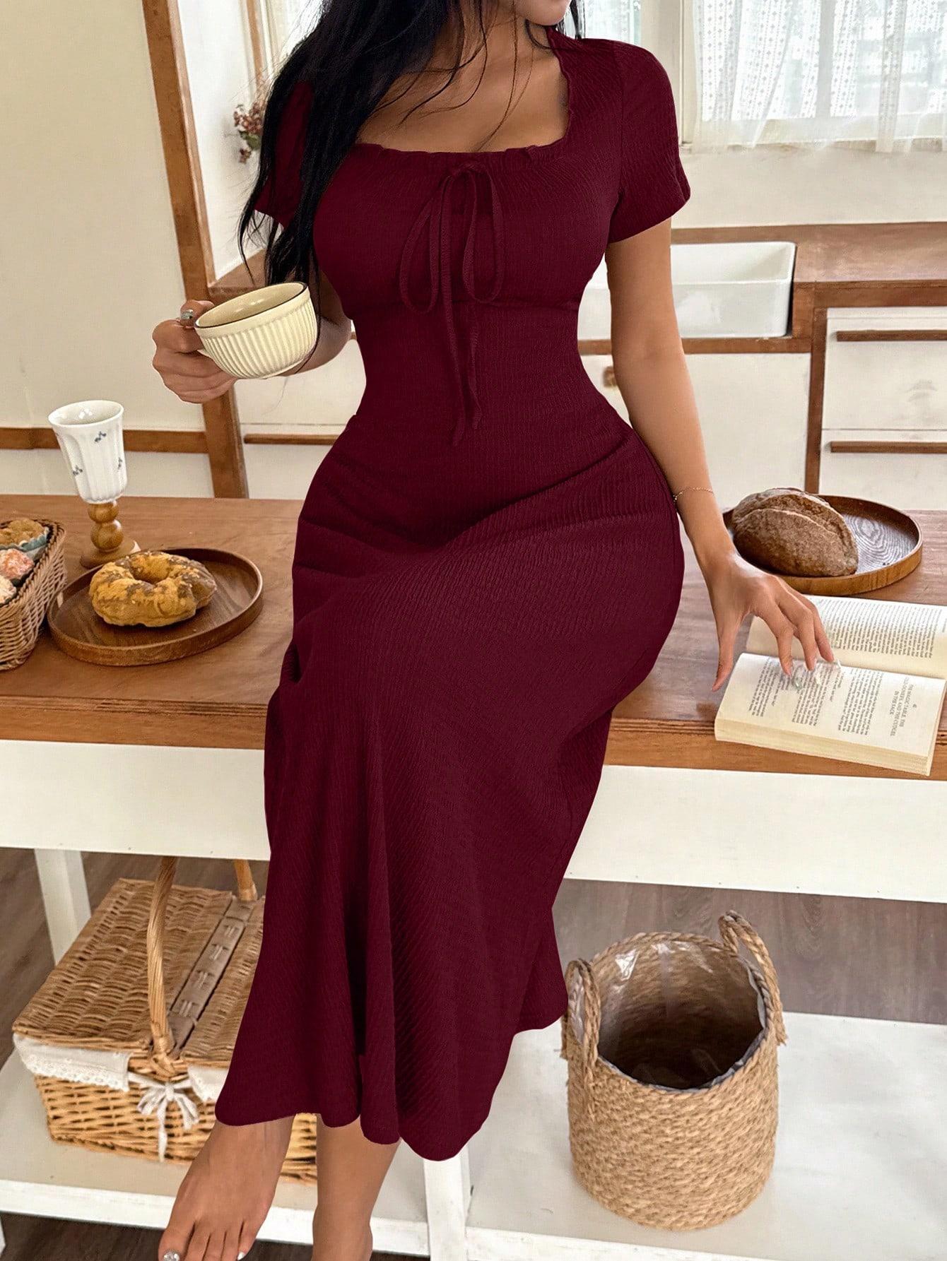 Women's Casual Solid Color Jacquard Gathered Ruffle Trim Square Neck Maxi Loungewear Dress Brown Dress Lounge Dress Summer Dress Tie Front Dress Midi Dress