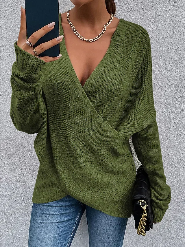 Women's Sweater Pullover Jumper Criss Cross Knitted Solid Color Stylish Casual Long Sleeve Regular Fit Sweater Cardigans V Neck Fall Winter 