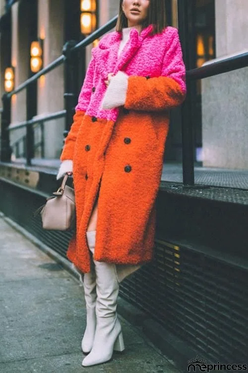 Plush Color Block Button Pocket Coat