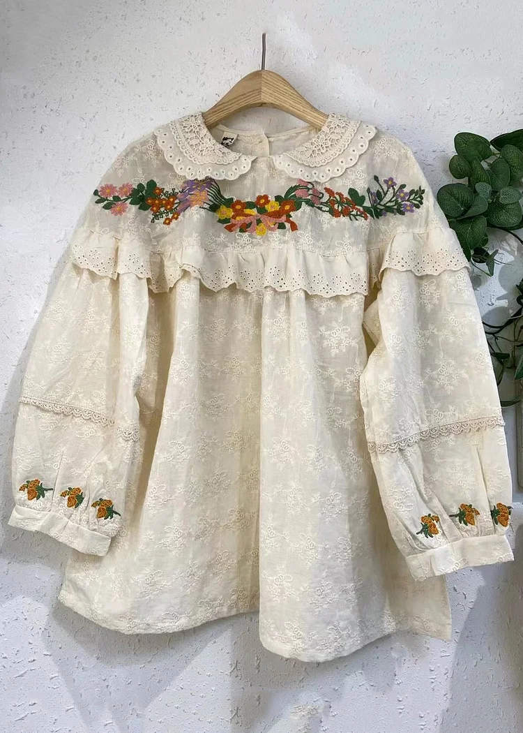 Cute Beige Embroideried Ruffled Patchwork Cotton Shirt Long Sleeve