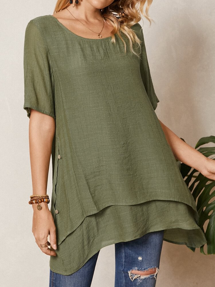 Solid Color Layered O neck Button Half Sleeve Women T shirt P1857587