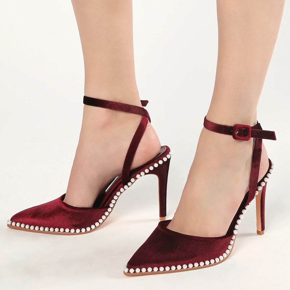 Maroon Velvet Pointed Toe Pearl Trim Ankle Strap Prom Heels for Women Nicepairs