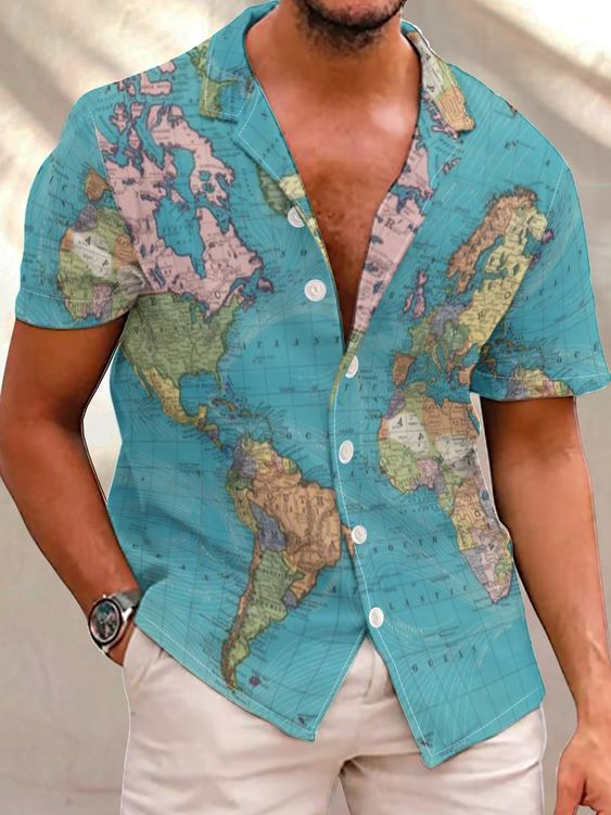 Men's Casual Map Print Short Sleeve Shirt