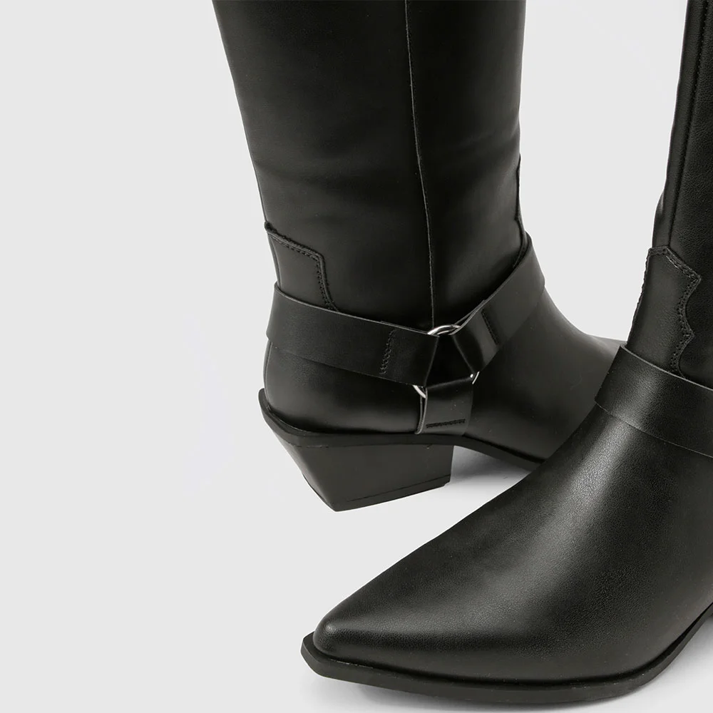 Pointed Toe Decorative Strap Stitching Knee High Cowgirl Boots in Black