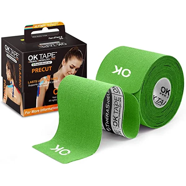 OK TAPE Classic Kinesiology Tape 10 inches Precut, 20 Strips, Cotton Elastic Athletic Tape Latex Free, 5cm x 5m(2''x 16ft) 5211