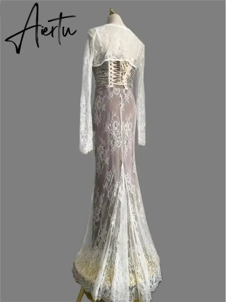 Aiertu Elegant Bandage White Lace Wedding Dress Vintage Bodycon Evening Prom Mermaid Robe Women Summer Spaghetti Straps Vestidos Mujer Aiertu