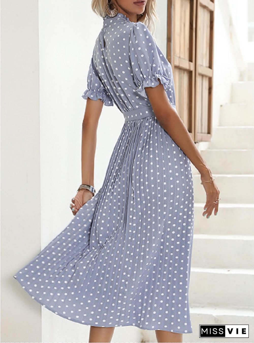Casual Womens Summer Dress Pleated Short Sleeve New Chic Elegant Fashion Lace-up Polka Dot