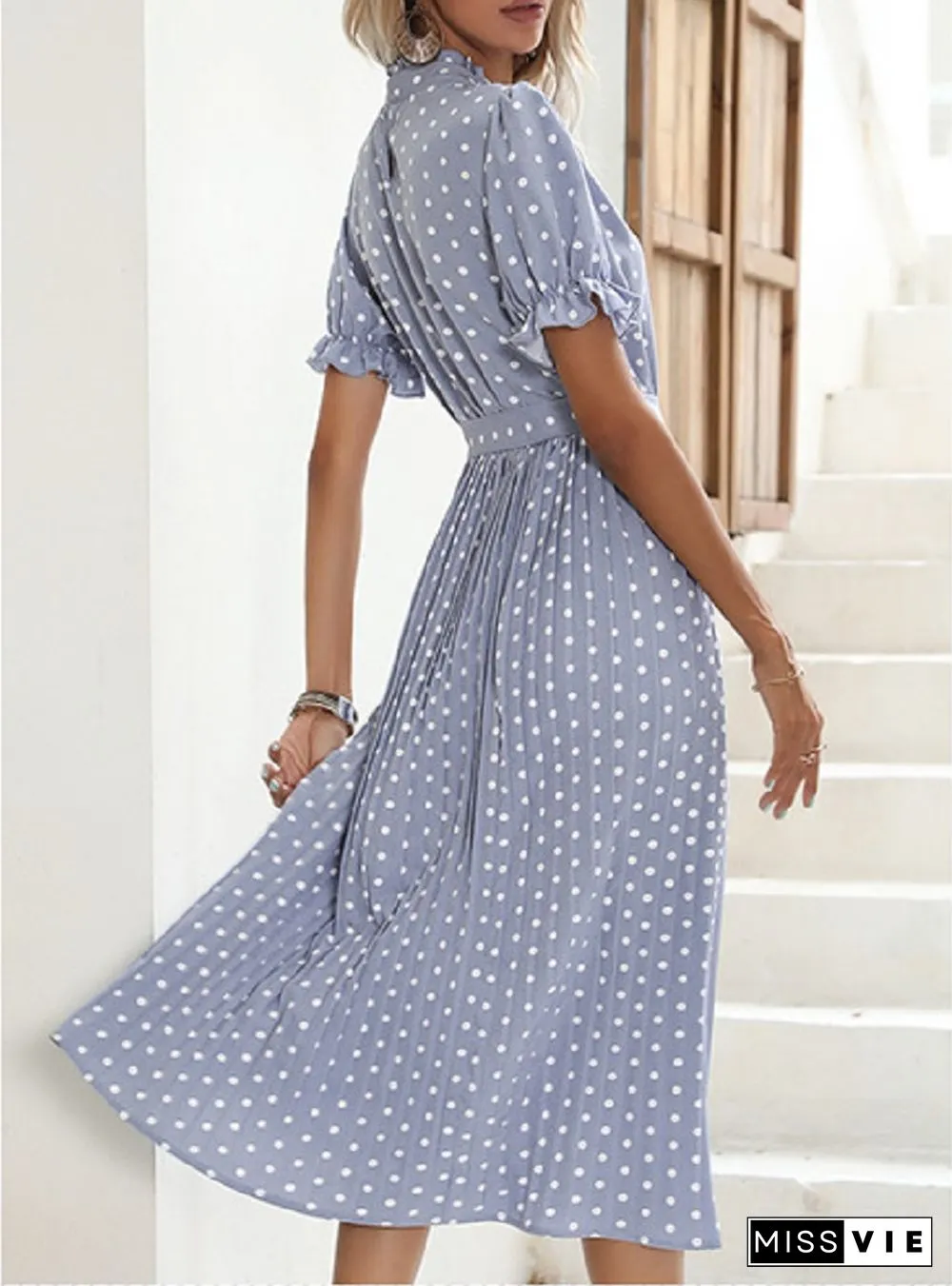 Casual Womens Summer Dress Pleated Short Sleeve New Chic Elegant Fashion Lace-up Polka Dot