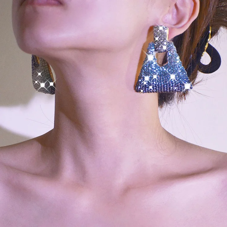 Geometric Ormbre Pattern Rhinestone Earrings-Blue