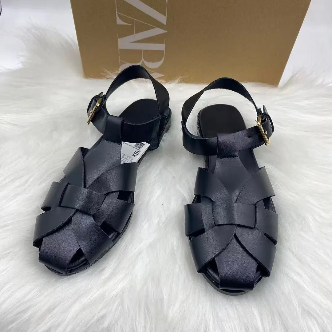 Breakj Breakj Home 2025 New Leather Big Head Sandals Women Summer Wide Fat Feet Soft Low Pure Bag Heel Head Cow