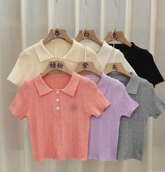 Uveng Uveng Collar Front Shoulder Short-Sleeved Knitted T-Shirt Girl Summer Design Small Sweet Hot Girl Exposed Umbilly Short Top