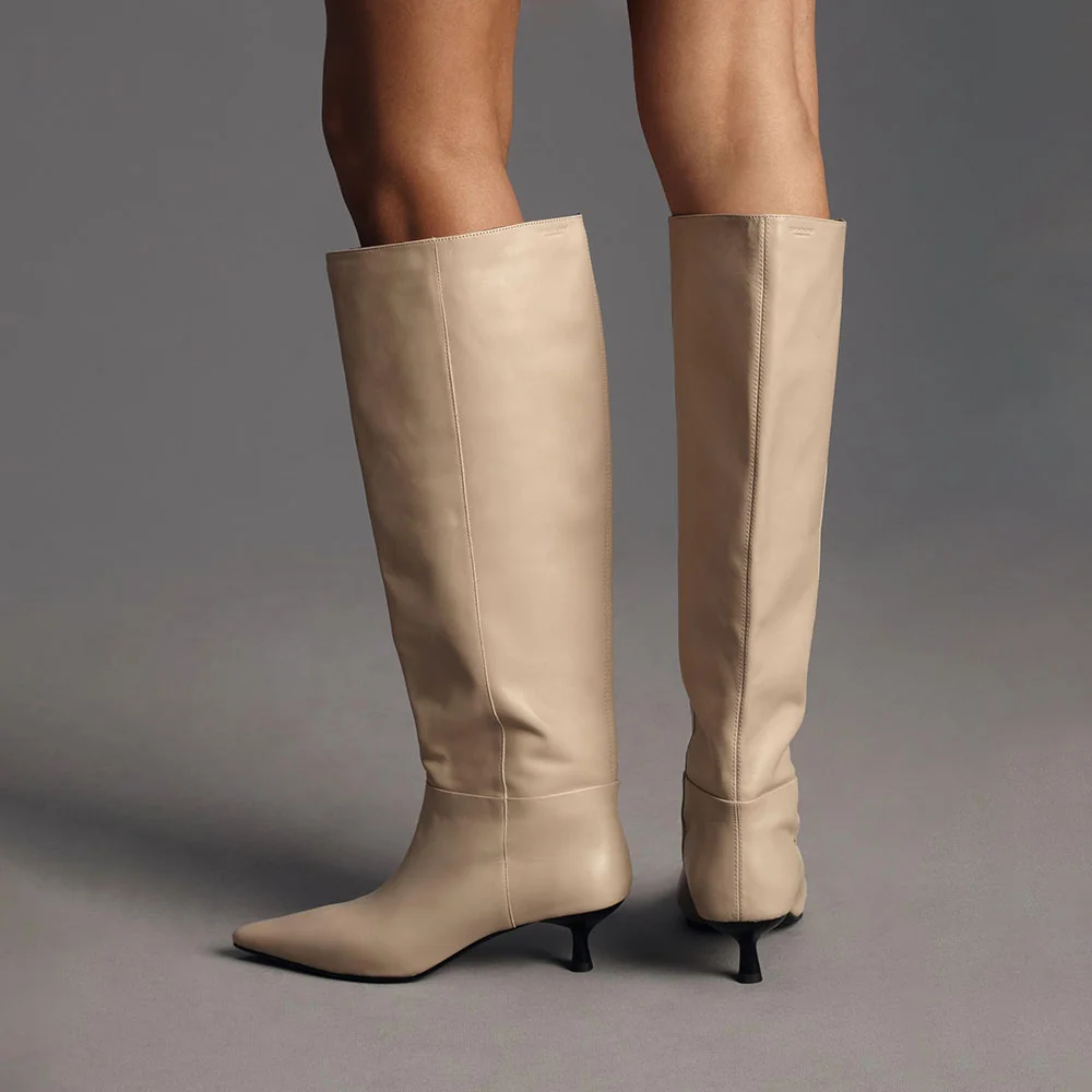 Simple Beige Pointed Toe Kitten Heel Wide Calf Knee High Boots