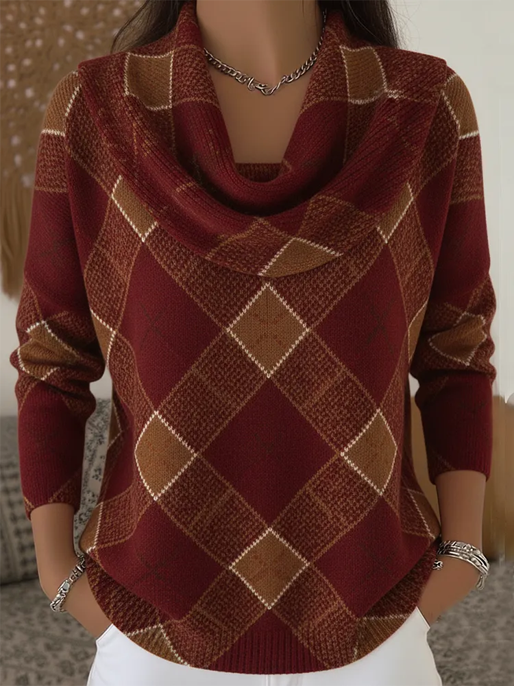 Retro Women's Mellow Red Wine Plaid Cowl Neck Sweater Top