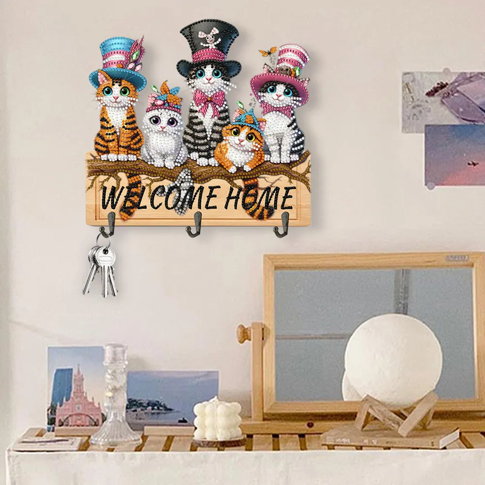DIY Welcome Home Cat Wooden Special Shape 3 Hooks No Punch Diamond Painting Hook Rail