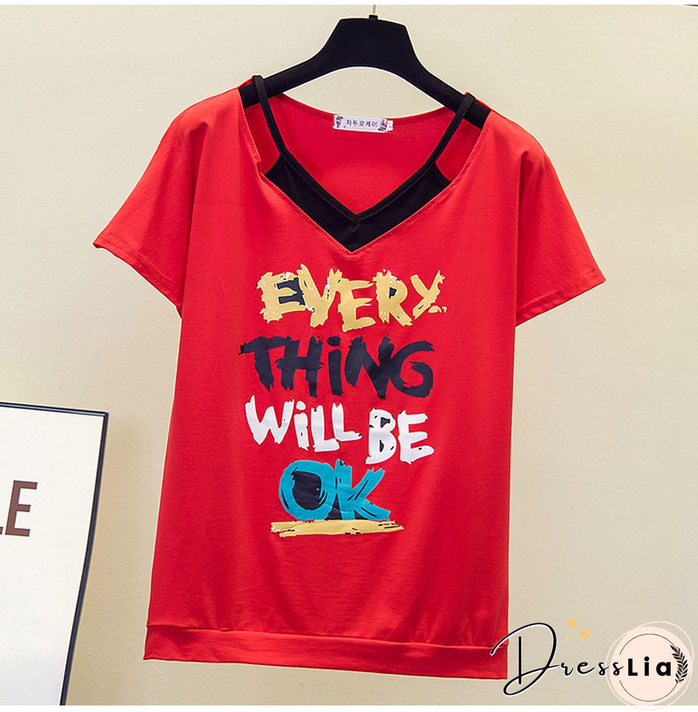 Print V- Neck T Shirt Women T-Shirt Cotton Summer Short Sleeve Woman Clothes Womens Tops Korean Style Tee Shirt Femme