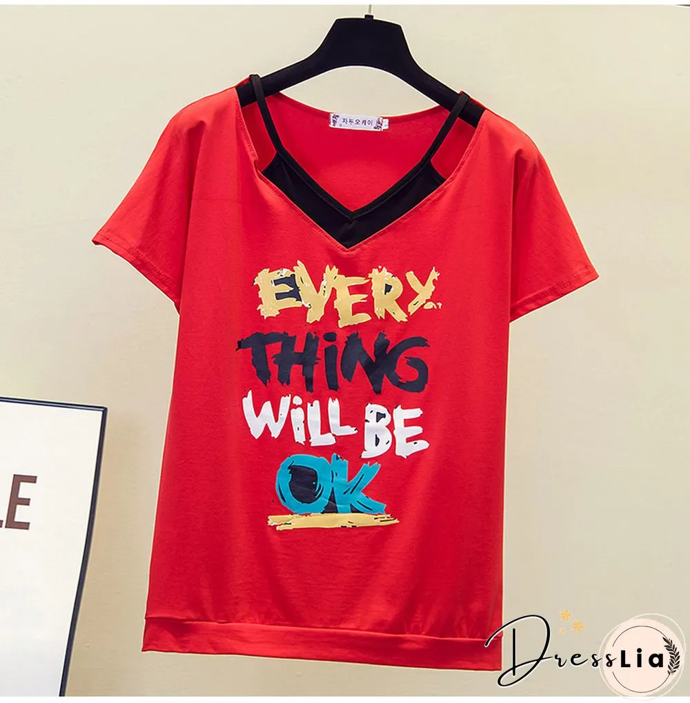 Print V- Neck T Shirt Women T-Shirt Cotton Summer Short Sleeve Woman Clothes Womens Tops Korean Style Tee Shirt Femme