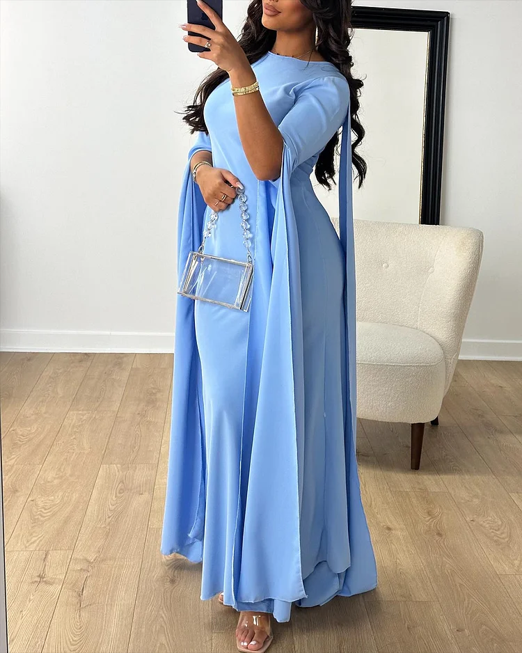 Women's Round Neck Slit Long Sleeve Solid Color Dress