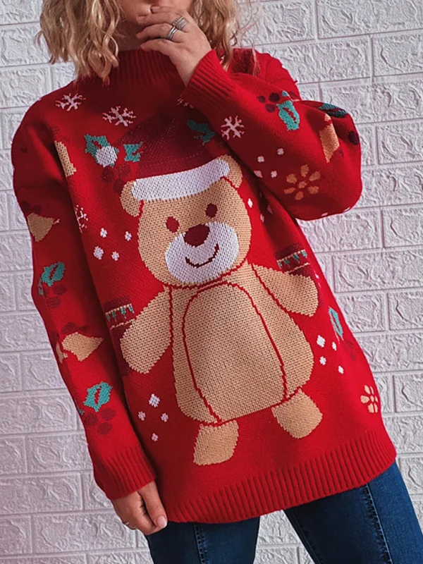 Women's Christmas Sweater Half Turtleneck Long Sleeve Snowflake Bear Pattern Sweater Flusfy