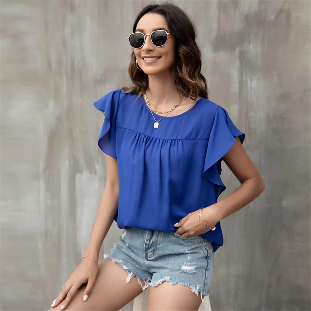 Jangj Ruffles Sleeve Front Shirring Chiffon Blouses Women Summer Lightweight O-neck Loose Pullover Casual Tops Women Clothin