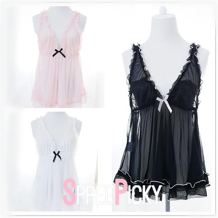 Black/White/Pink Sheer Ruffled Nightgown SP179272