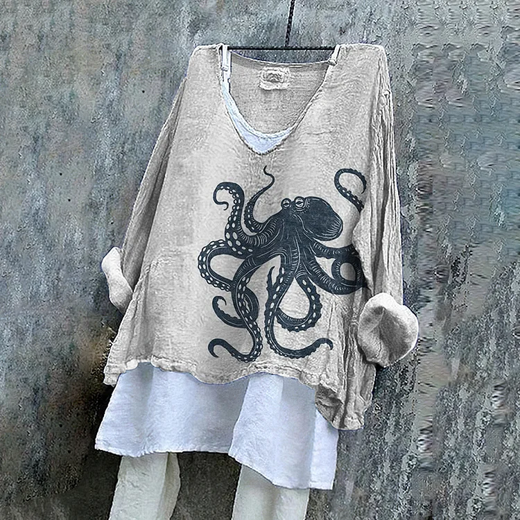 Vintage Japanese Art Octopus V Neck Linen Blend Shirt