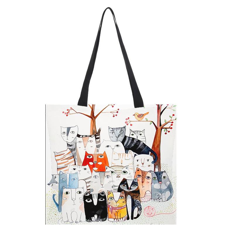 Cute Cartoon Cats Image Printed Handbag Eco Linen Shoulder Bag