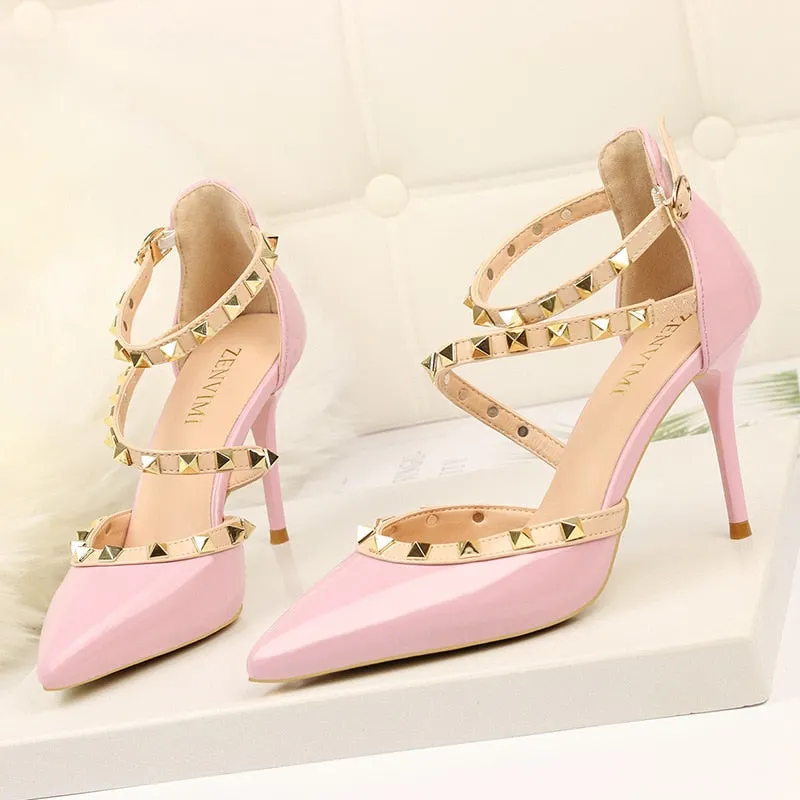 Sexy Pointed Toe Rivet High Heels Women Pumps Thin Heels Ladies Shoes Fashion 2019 Spring Summer Platform White Dress Shoes New