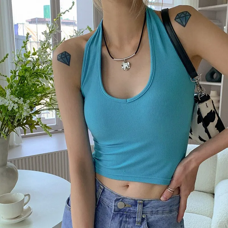 Blue Knitted Halter Backless Crop Tops Women U-Neck Sleeveless Skinny Cami Female Korean