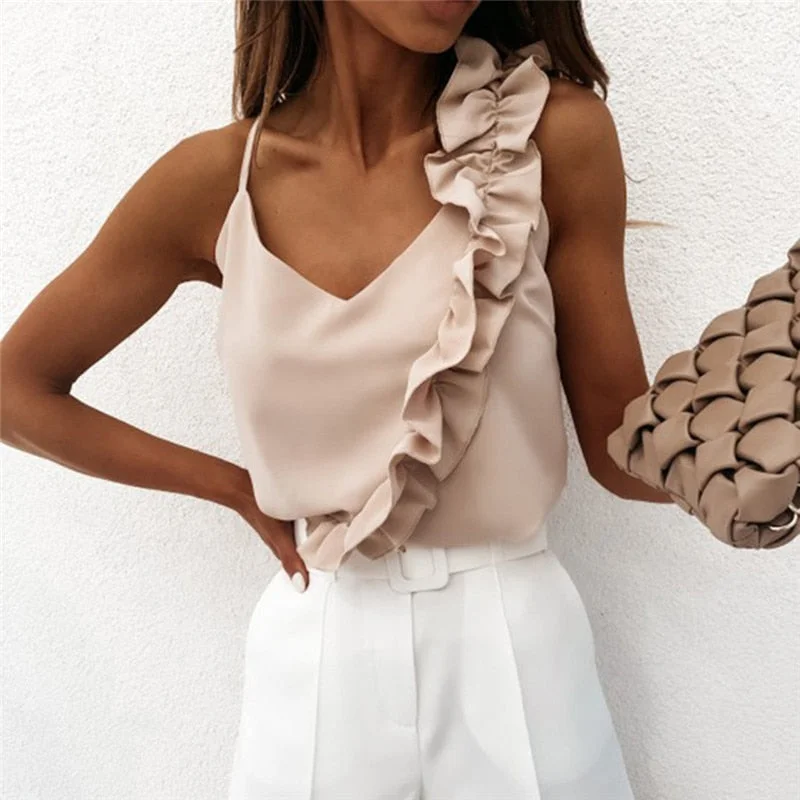 Women Summer Blouse Shirts Sexy V Neck Ruffle Blouses Backless Spaghetti Strap Office Ladies Sleeveless Casual Tops