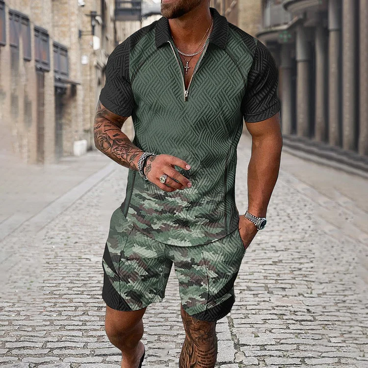 Broswear Men's Camouflage Stitching Sleeve Polo Shirt And Shorts Co-Ord
