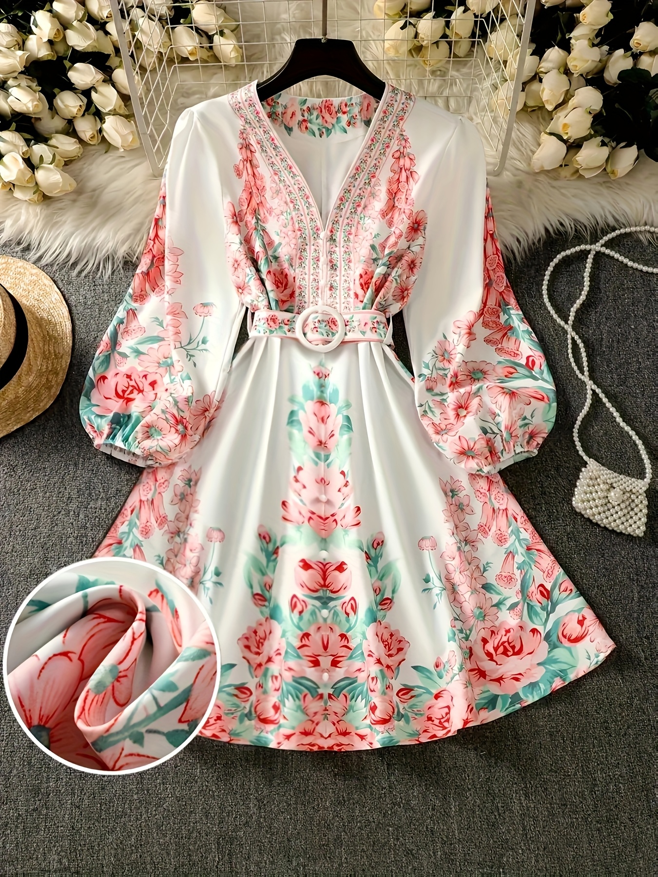 Floral Print V-Neck Mini Dress with Lantern Sleeves & Belt - Elegant Boho Style, Button Details, Pleated Skirt, Perfect for Spring & Summer Vacations, Special Event Dress | Pleated Skirt Dress | Feminine Style