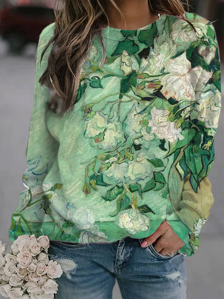 Women's Monet Rose Art Floral Print Long Sleeve Sweatshirt