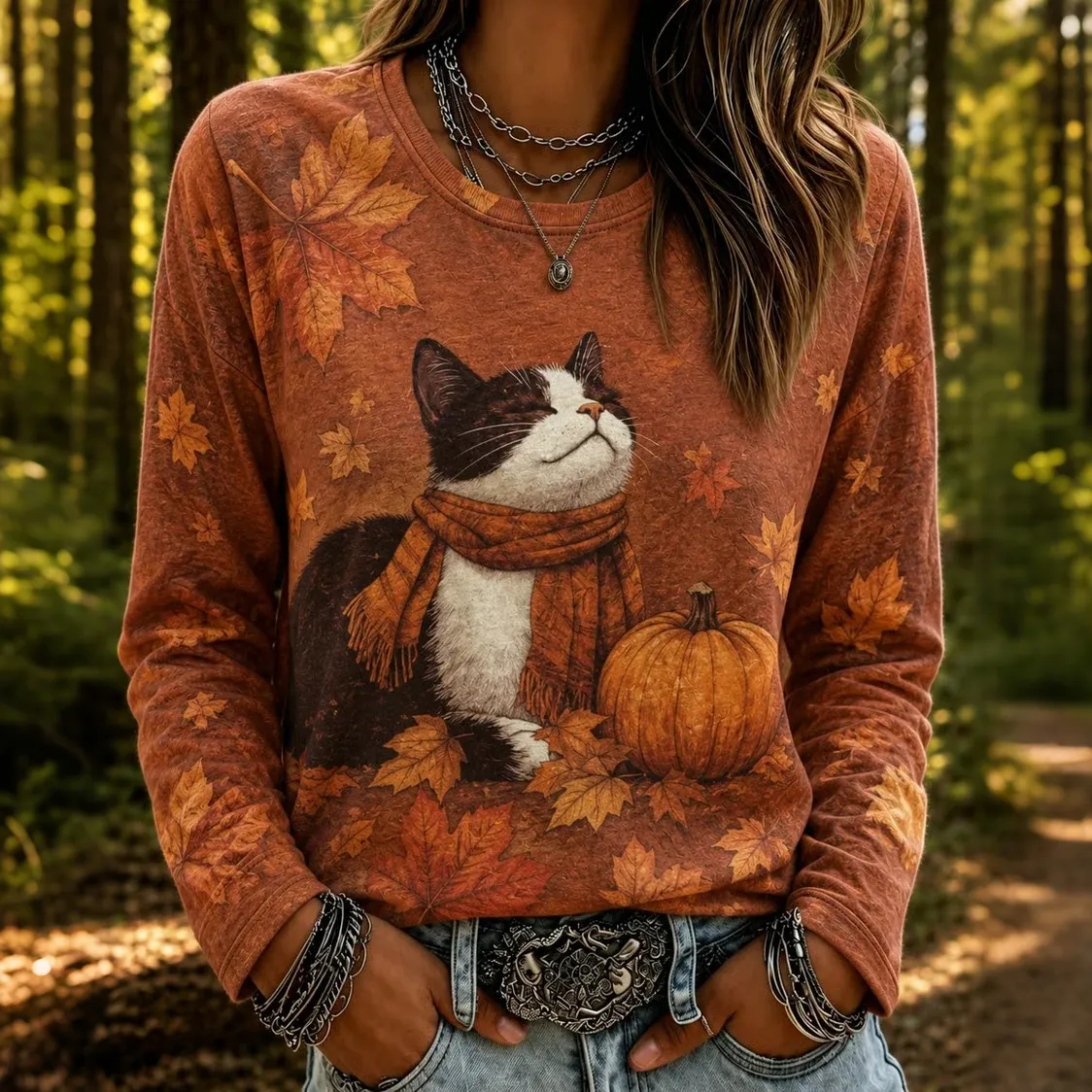 Comstylish Women's Retro Cat Pumpkin Maple Leaf Print Crew Neck Long Sleeve T-shirt