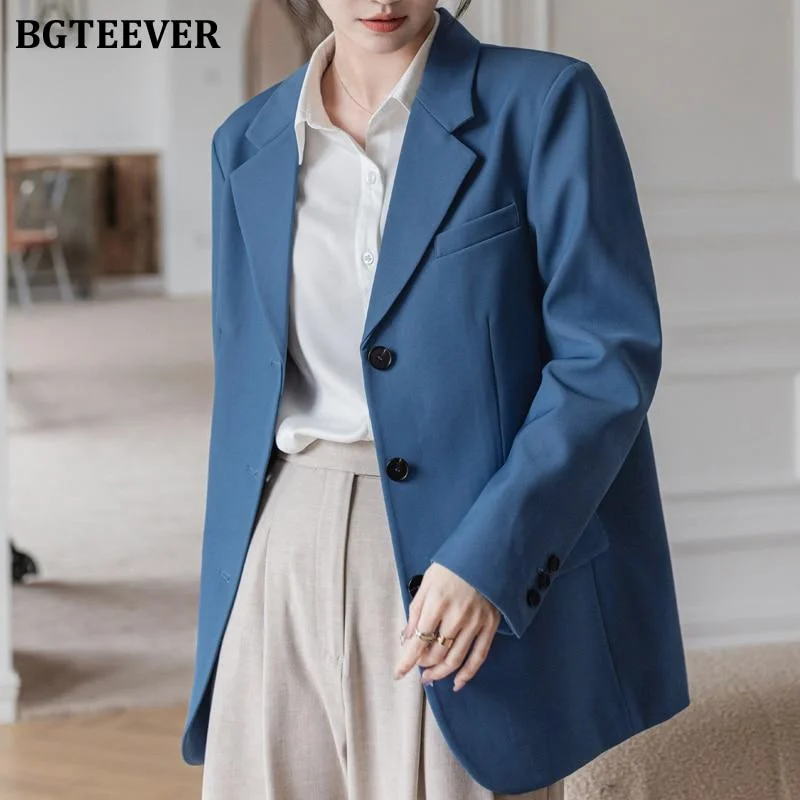 BGTEEVER Elegant Office Ladies Loose Single-breasted Blazer Women Solid Notched Collar Suit Jackets  Spring Outwear Femme