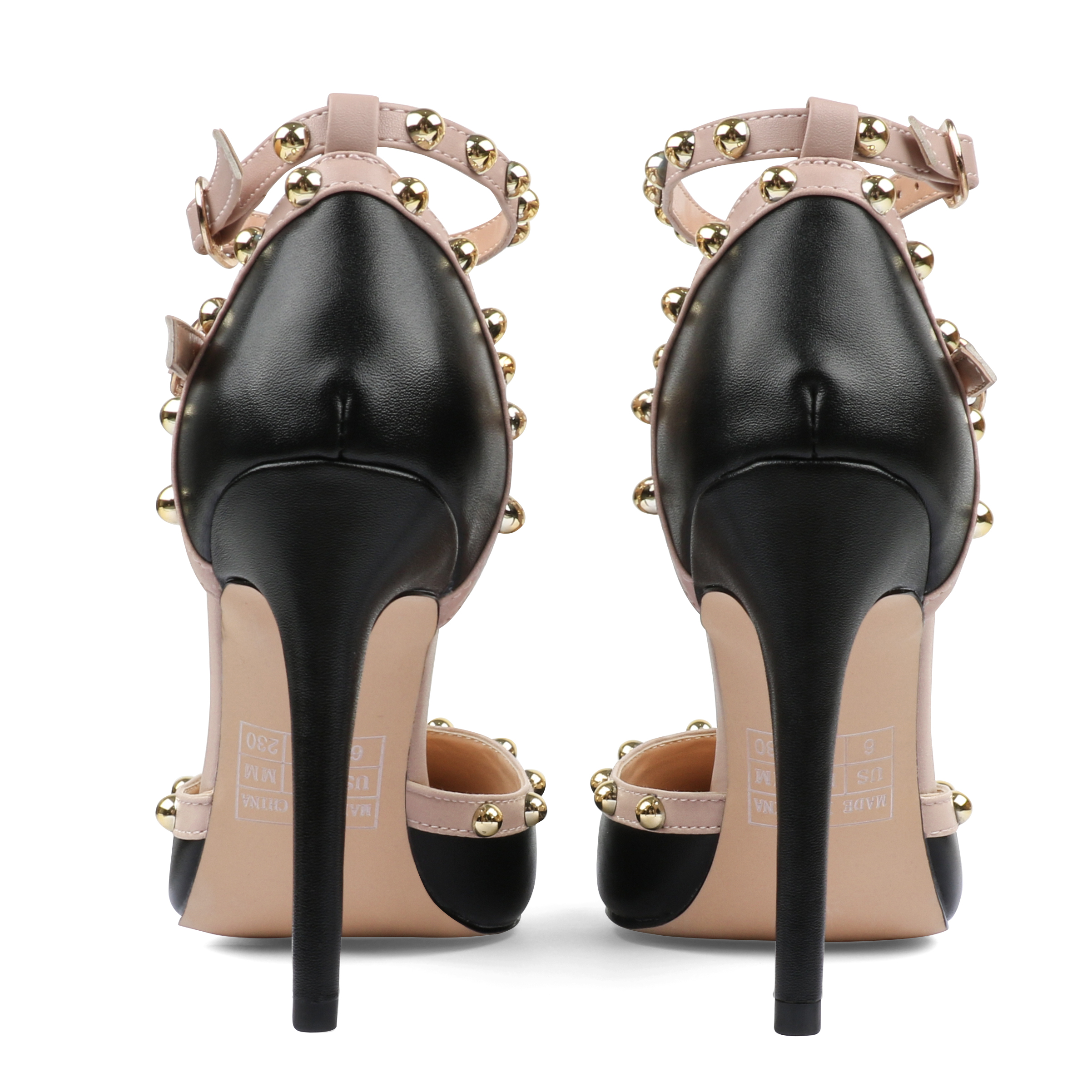 100mm Womens Pointed Toe Pumps Round Rivets Ankle Strap Sandals-MERUMOTE