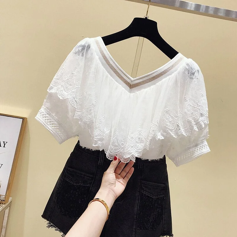 Summer Lace Blouse Women New Short Sleeve Ruffle Stitching Chiffon Shirt V-neck Slim Sweet Solid Korean Chic Tassel Tops 13497