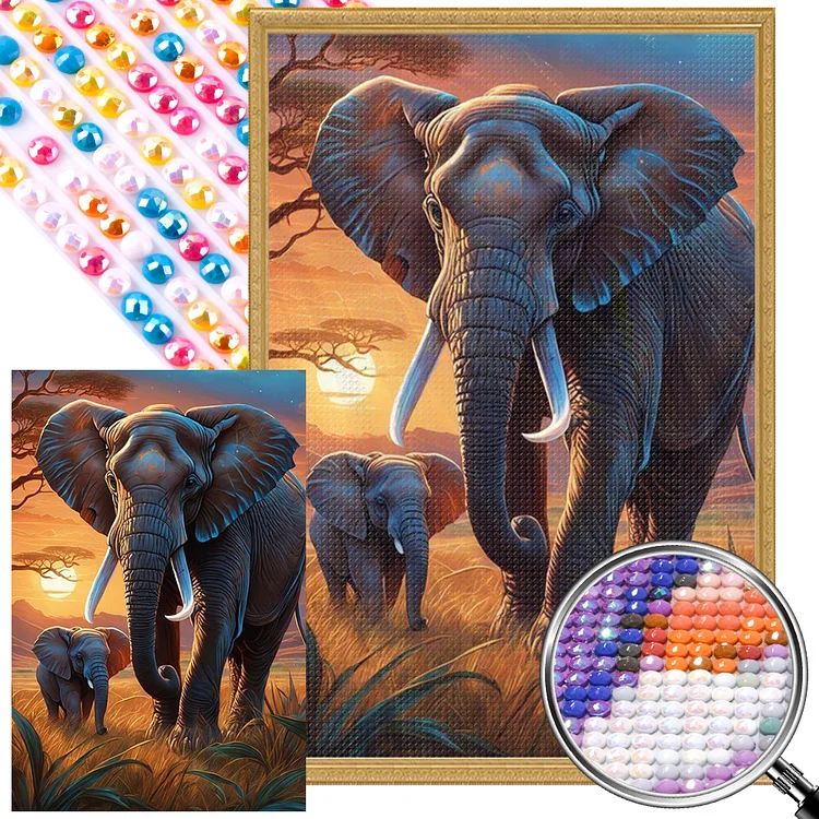 Full Round Diamond Painting - Tropical Elephant Mother And Child 40*60CM