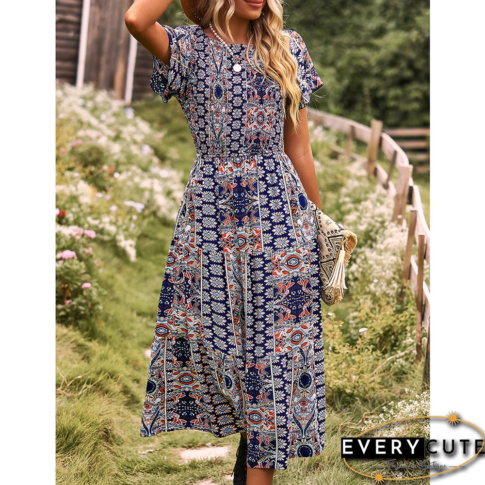 Navy Blue Bohemia Print Pleated Woven Casual Dress