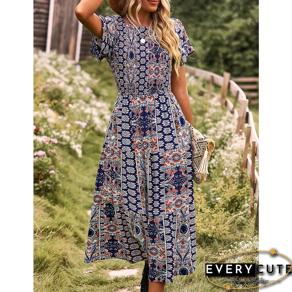 Navy Blue Bohemia Print Pleated Woven Casual Dress